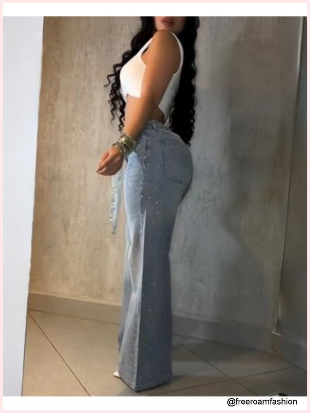 High Waisted Wide Leg Jeans with Rhinestone Belt, Flare Denim Pants - Picture 3 of 6